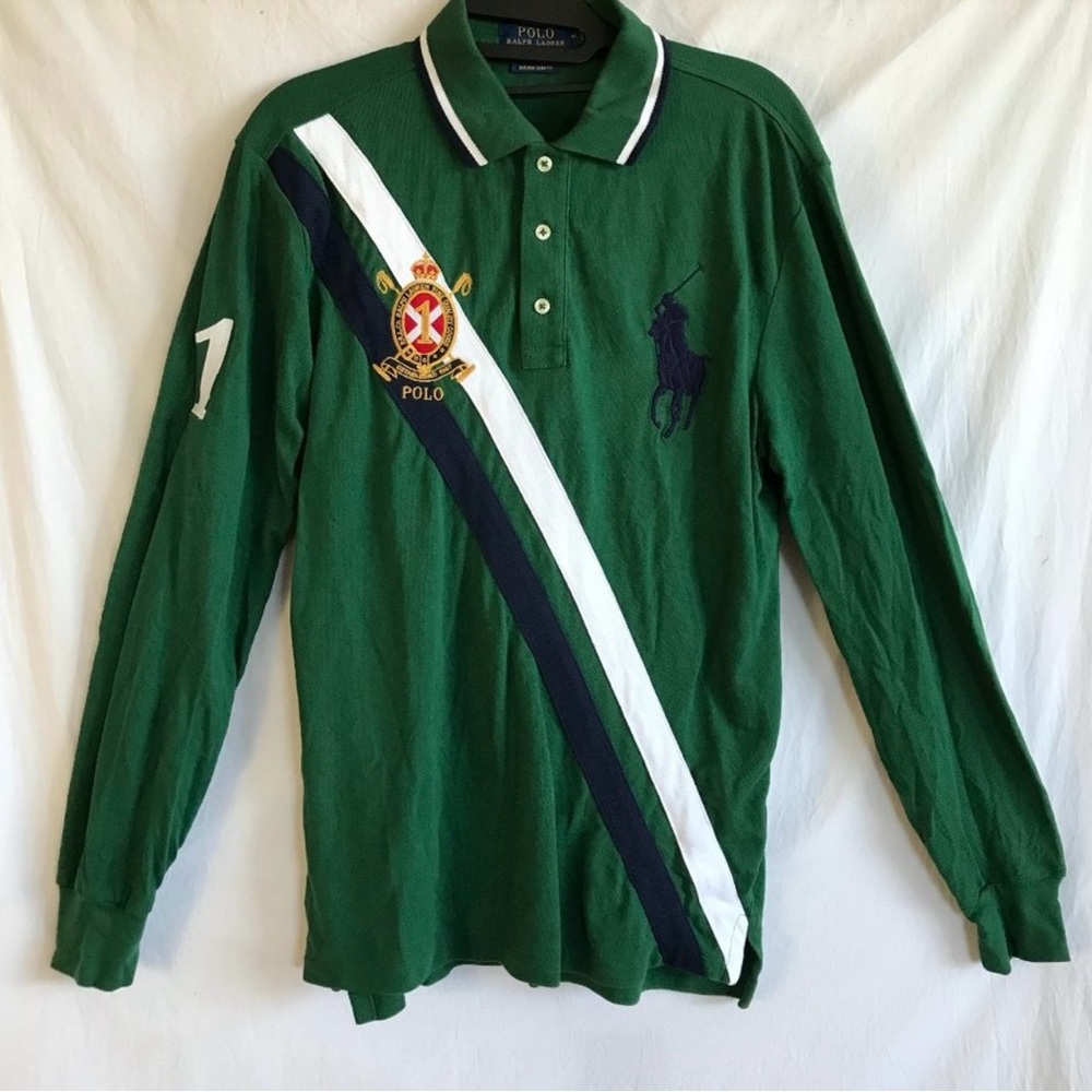 Green Polo Long Sleeve Shirt with Embroidered Logo